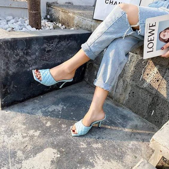 blue high heels slipper sandals for summer footwear