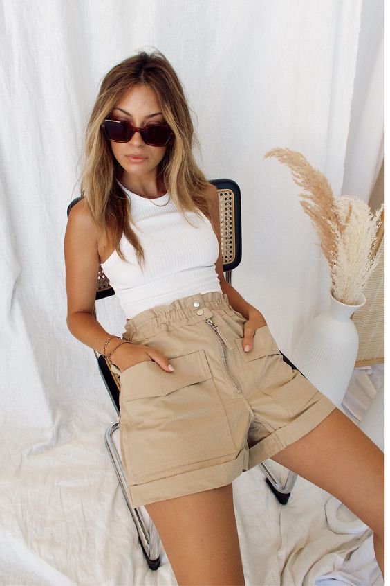 buckle down Khaki shorts with white tops