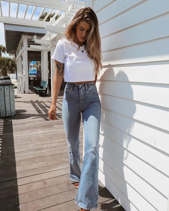 styling flared jeans and white top