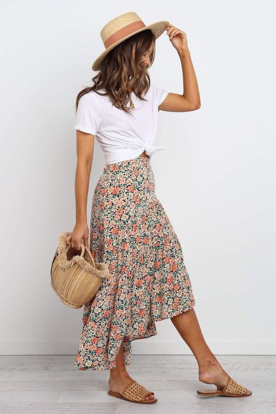 maxi skirt and white tee summer outfit ideas