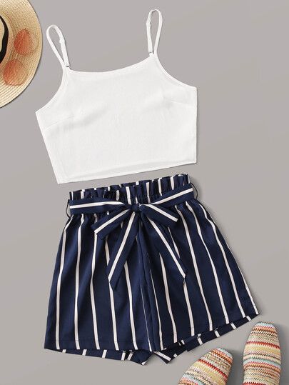 solid cami top and striped short for summer outfit ideas