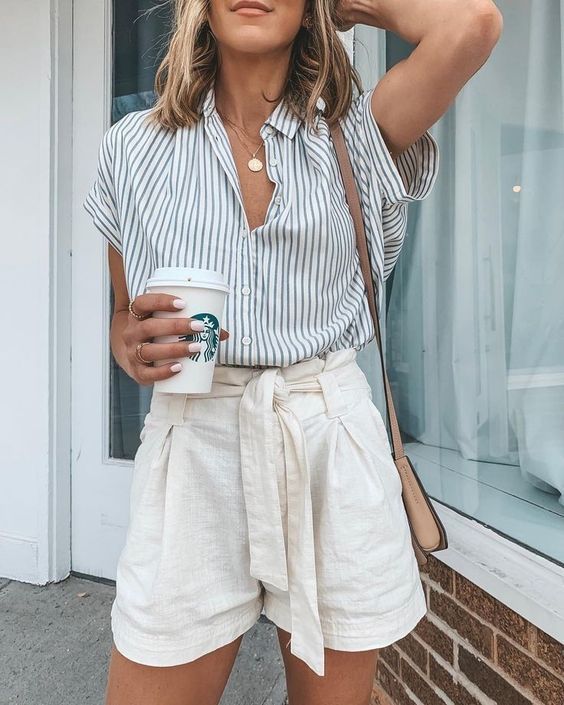 strip shirt and linen short for summer vacation