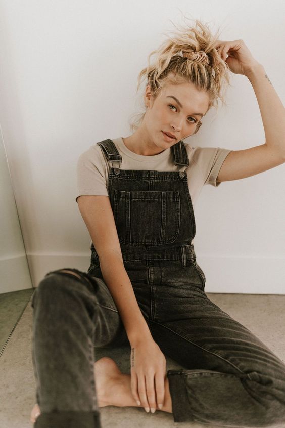 styling black denim overalls