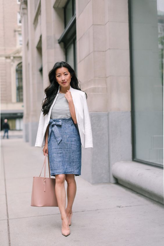 skirt and plaid shirt for spring workwear