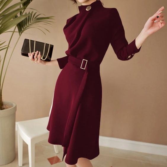 elegant belted split dress for business work