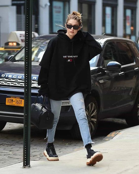 Gigi Hadid street style with oversized hoodie