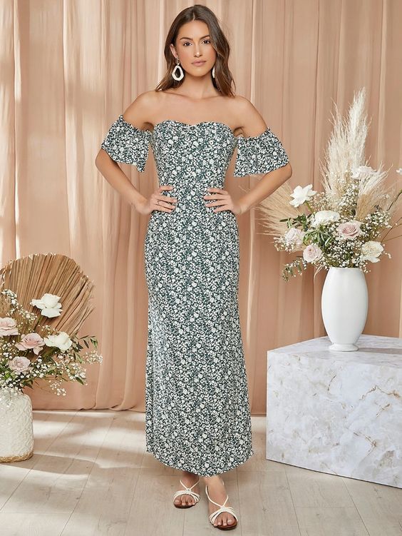 off-shoulder floral sleeve dress