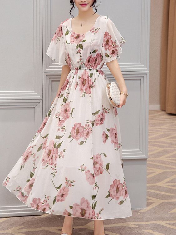 chiffon floral printed maxi dress wedding guest dress