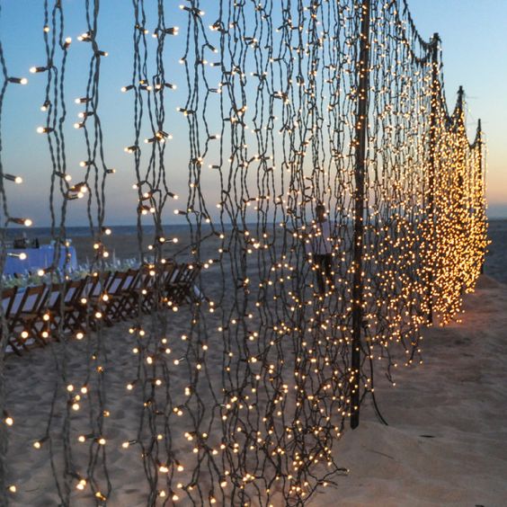 fairy lights at beach wedding decor